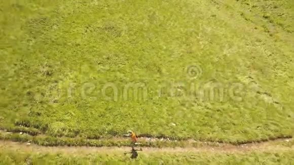 在高山高原鸟瞰的夏日草地上奔跑的年轻人视频的预览图