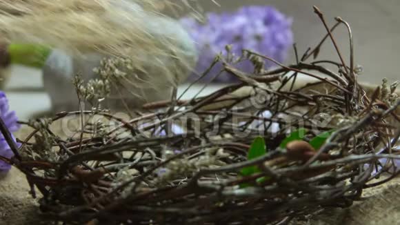 雌性手把剑麻和绿枝放在复活节的巢里视频的预览图
