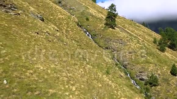 鸟瞰草地山腰山腰的空中景观有污垢和小溪穿过视频的预览图