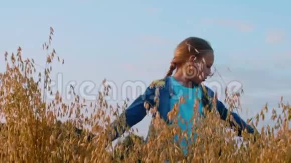 快乐的金发女郎在蓝蓝的天空下在燕麦场跳舞视频的预览图