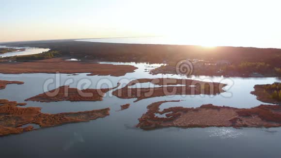 瓦尔努克罗斯里卢佩河上的空中沼泽金色时光日落从上面俯瞰用常青树拍摄的无人机拍摄视频的预览图