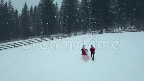 冬天年轻的新婚夫妇在大雪纷飞的冬季里奔跑嬉戏手牵手朝冷杉或视频的预览图