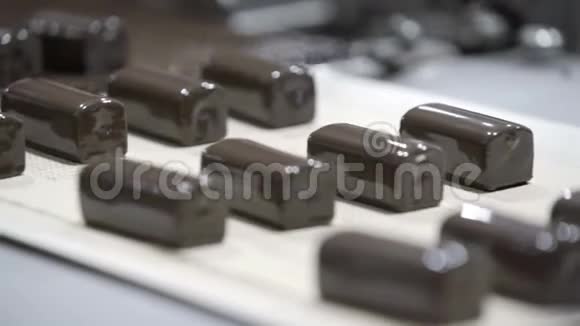 牛奶罐头厂釉面甜曲线棒的制造在传送带上运送的巧克力库视频的预览图