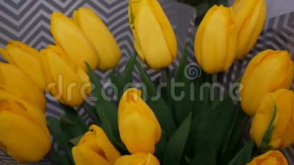 新鲜美丽的黄色郁金香春天的概念顶部视图视频的预览图