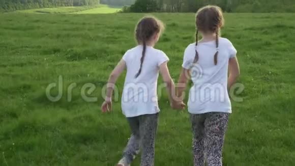 两个姐妹在草地上跑开笑着视频的预览图