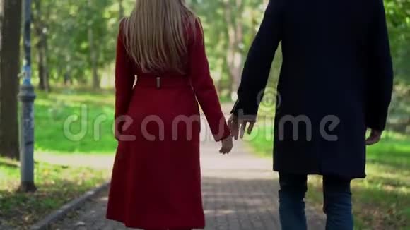 可爱的夫妇在公园散步时牵手视频的预览图