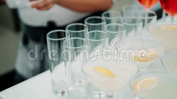 专业的酒保在酒吧准备鸡尾酒酒吧服务员准备鸡尾酒在玻璃杯中加入冰块视频的预览图