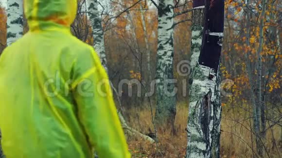 一个穿雨衣的女人穿过森林视频的预览图