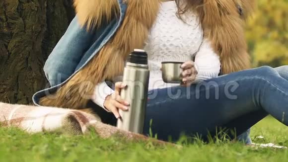 女孩用热水瓶倒茶在秋天的森林里享受热饮视频的预览图