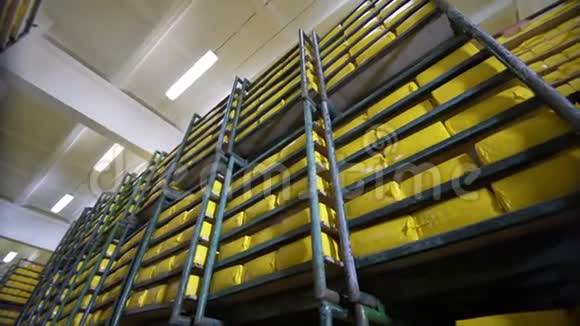 在食品厂储存奶酪乳品厂仓库奶酪轮在钢架上奶酪老化过程视频的预览图