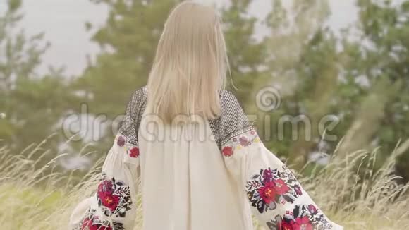 后景为可爱的白种人女士她穿着夏日的长时装站在湖边或湖边的田野上视频的预览图
