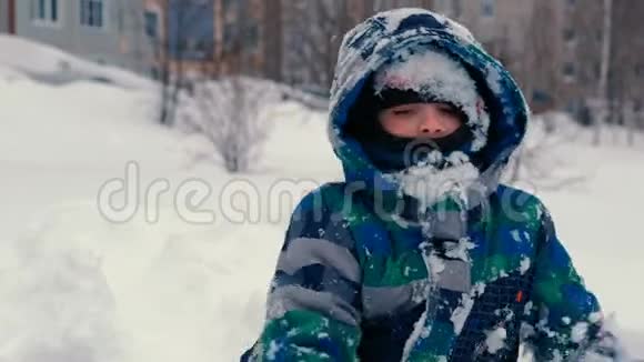男孩在雪地里玩耍看着相机微笑着视频的预览图