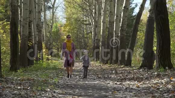 女人和小女孩秋天散步的镜头视频的预览图