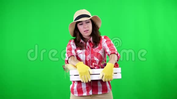 微笑的女农民穿着格子衬衫手套和帽子擦汗拿着一个盒子里面放着不同的新鲜蔬菜视频的预览图
