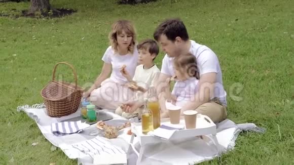 快乐的一家人吃比萨饼在野餐中玩得开心视频的预览图