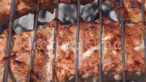 在室外炭火烤架上用金属串煮多汁猪肉牛排视频的预览图