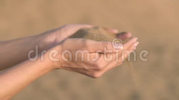 缓慢的动作接近无法辨认的女人手抓住一把干沙让它落在她的手指之间青年视频的预览图