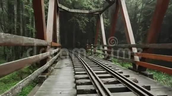 走在阿里山景区老铁路桥上森林里有薄雾雾霾和雾台湾的视角视频的预览图