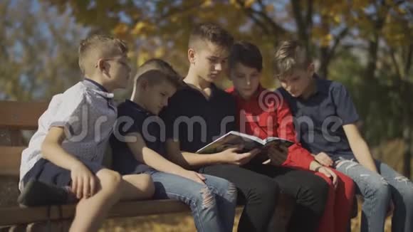 五个男孩坐在长凳上骑着一本杂志在秋天的一个阳光明媚的日子里朋友们花时间在大公司里视频的预览图