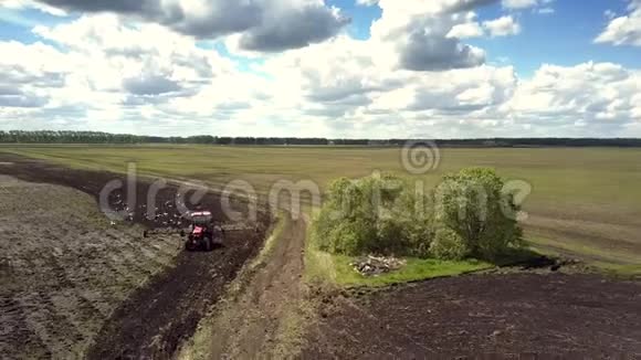 从空中俯瞰田野的小树林拖拉机在犁沟上工作视频的预览图