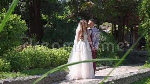 一对新婚夫妇在一个阳光明媚的日子里在公园里散步视频的预览图