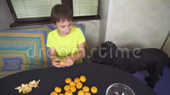 男孩在家厨房帮妈妈准备橘子做蛋糕视频的预览图