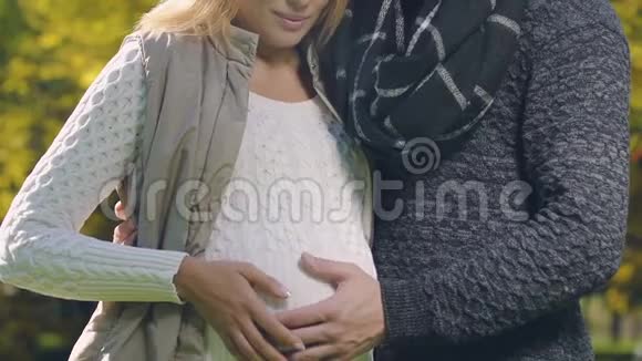 在秋季公园拍照的怀孕夫妇婴儿计划产前护理视频的预览图