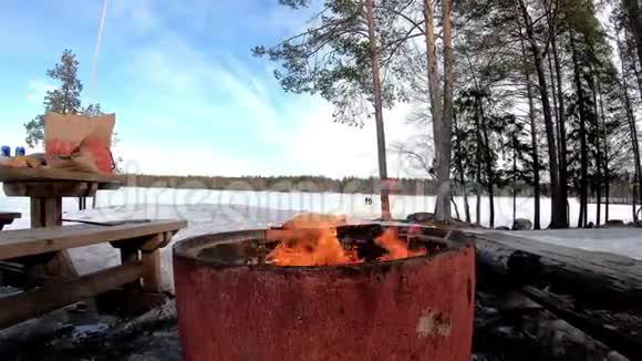 在一片白雪覆盖着树木的土地上用木头烧烤火在阳光明媚的多云中冰封的湖泊后面有美丽的风景视频的预览图