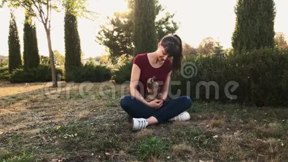 微笑的女孩和可爱的狗约克郡猎犬坐在草地上视频的预览图
