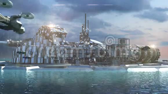 带有码头和盘旋飞机的未来城市视频的预览图