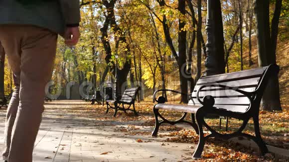 带背包的年轻人坐在秋天公园的长凳上视频的预览图