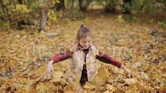 这个淘气的小女孩在一大堆黄色的叶子里快乐地玩耍女孩把黄叶扔上去视频的预览图