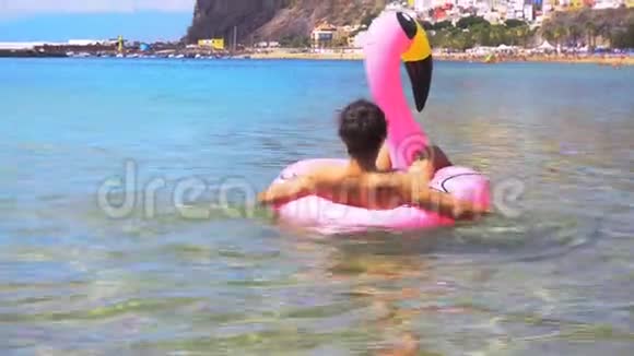 海滩上的粉色火烈鸟视频的预览图