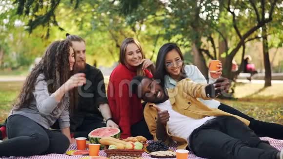快乐的非裔美国人用智能手机和朋友在野餐时自拍的动作很慢人们正在和视频的预览图