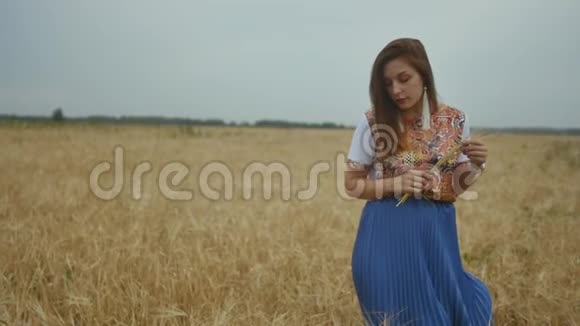傍晚一位年轻的红发女子走在麦田上成熟小麦的金田慢动作视频的预览图