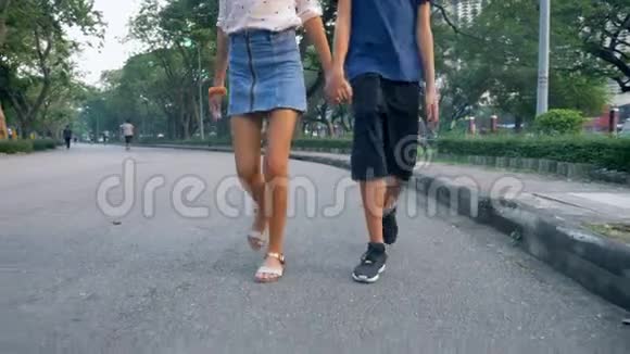 青少年男孩和女孩在一个大公园里快乐地散步的肖像兄妹双胞胎正在散步视频的预览图
