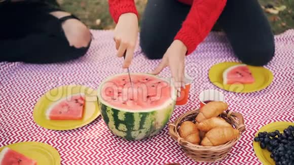 在户外野餐时女性手拿刀和切多汁的西瓜漂亮的格子盘子里有食物和视频的预览图