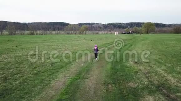 有趣的孩子们在春天的绿色田野里跑来跑去视频的预览图