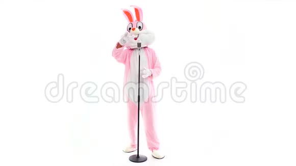 滑稽歌手或歌手用复古老派麦克风演唱歌曲真人大小的木偶复活节兔子在跳舞有视频的预览图