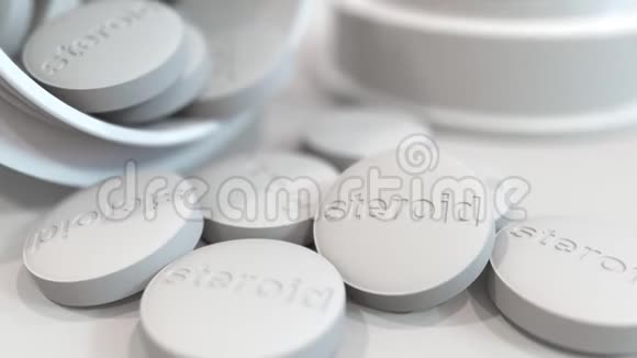 特写镜头的药片上面印有STEROID的文字3D动动画视频的预览图