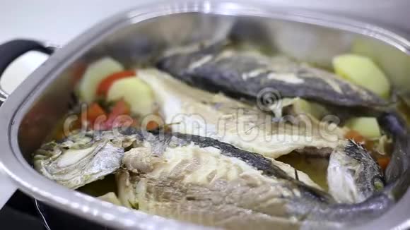 新鲜海用新鲜蔬菜和橄榄油煮成砂锅视频的预览图