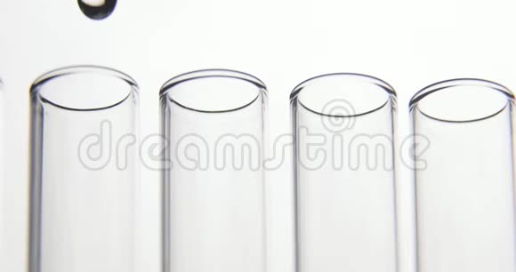 实验室测试吸管将透明化学物质滴入白色背景上的四个试管中化学和医药视频的预览图