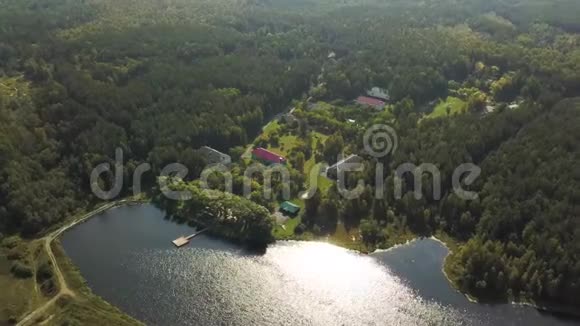 空中的夏季景观与湖泊环绕的绿色森林库存录像乡村景色视频的预览图
