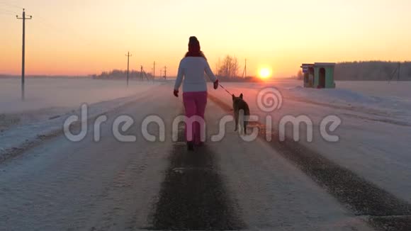 白雪皑皑的冬天里夕阳下的路上女人和狗一起散步视频的预览图