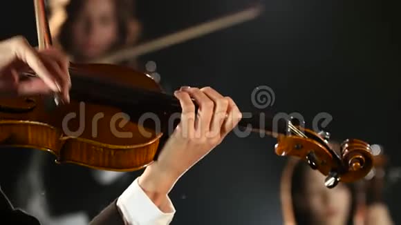 女人在房间里为小提琴的琴弦鞠躬黑色背景关门视频的预览图