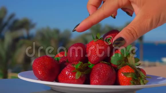 女人的手从盘子里拿出一个大草莓视频的预览图