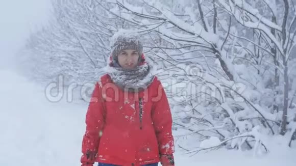 在白雪皑皑的背景下年轻美丽的女人在冬季公园散步的肖像在冬天的背景下看相机视频的预览图