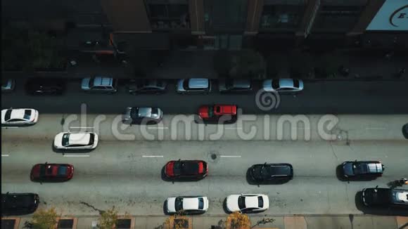 汽车沿着城市的街道行驶一排排街头汽车在路上顶部视图视频的预览图