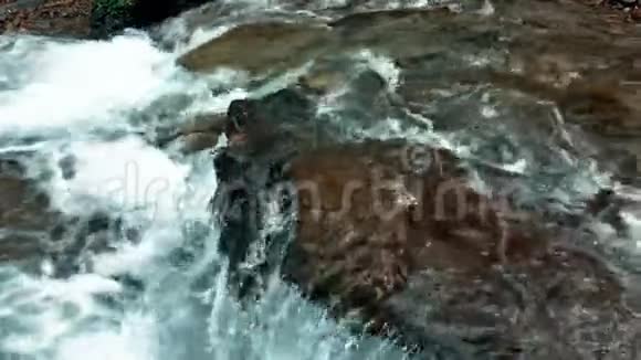 森林里有水晶水的小瀑布蓝色水流的缓慢运动视频的预览图