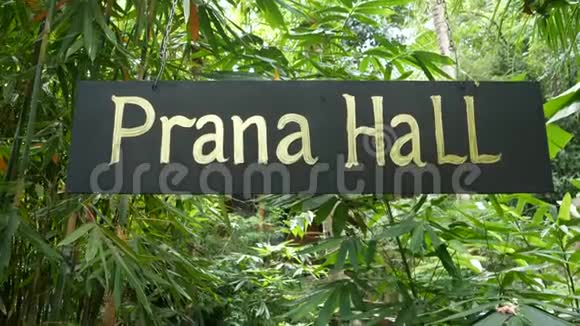 在热带植物附近签名瑜伽和冥想设施的标志普拉纳大厅的书写悬挂在附近视频的预览图